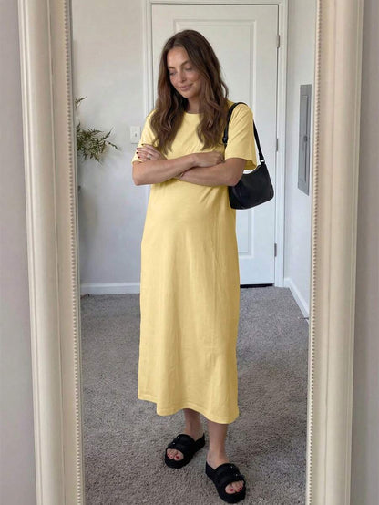 Maternity Casual Solid Color Short Sleeve Midi Dress Loose Fit Summer Tee Dress with Split Sleeves for Home and Daily Wear