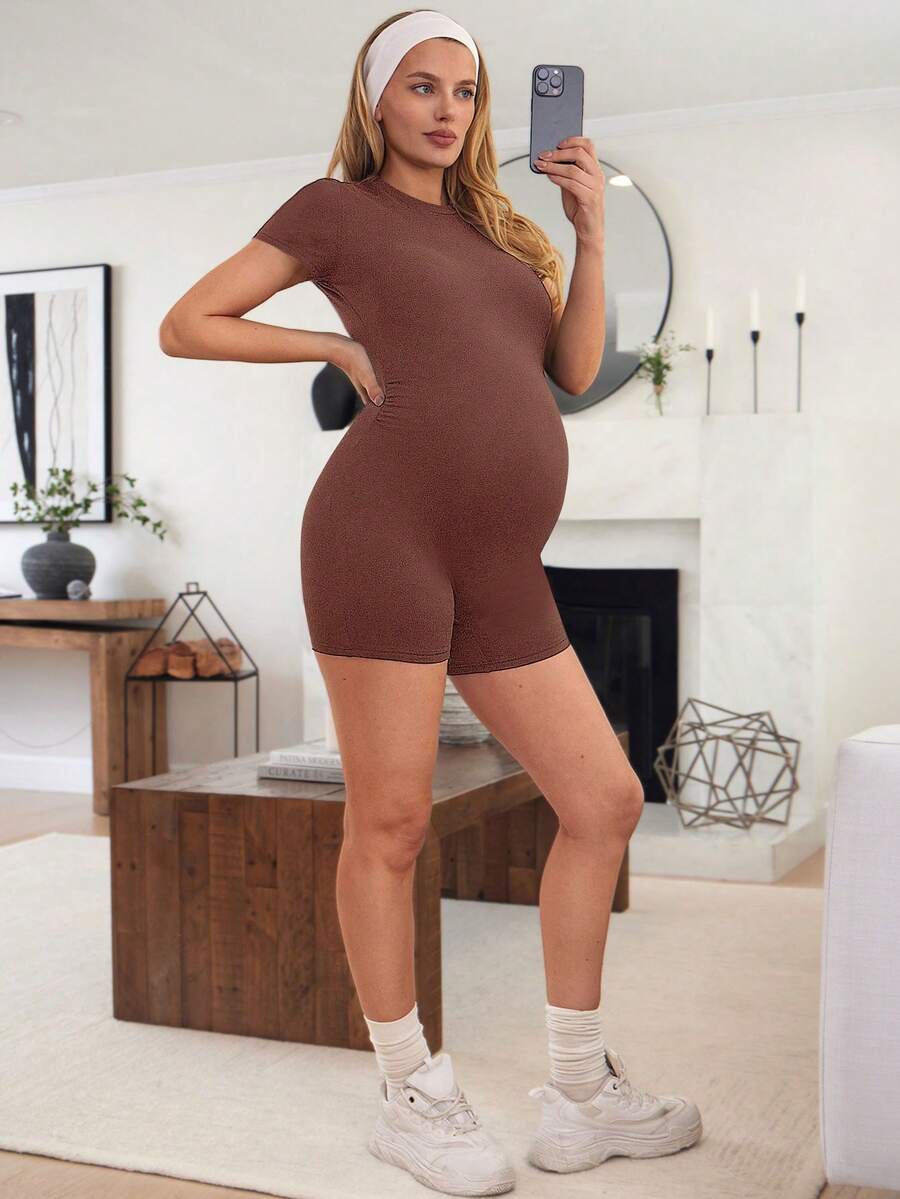 Coffee Brown Short Sleeve Maternity Unitard – High Waist Skinny Fit Solid Color Scoop Neck Summer Holiday Casual Bumpsuit