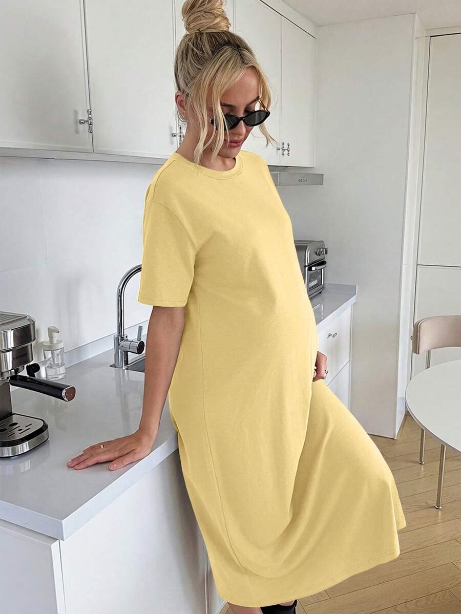 Maternity Casual Solid Color Short Sleeve Midi Dress Loose Fit Summer Tee Dress with Split Sleeves for Home and Daily Wear
