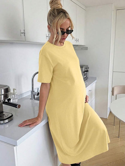 Maternity Casual Solid Color Short Sleeve Midi Dress Loose Fit Summer Tee Dress with Split Sleeves for Home and Daily Wear