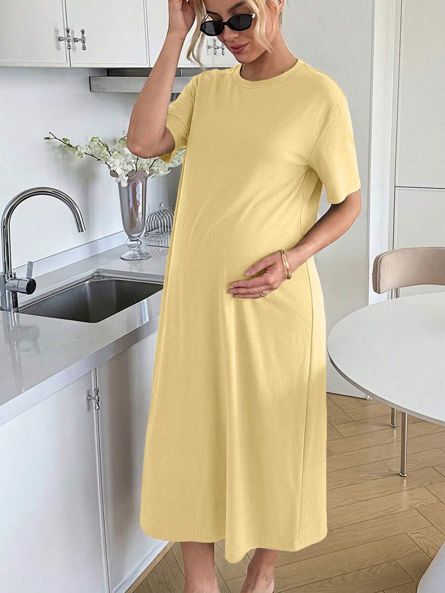 Maternity Casual Solid Color Short Sleeve Midi Dress Loose Fit Summer Tee Dress with Split Sleeves for Home and Daily Wear