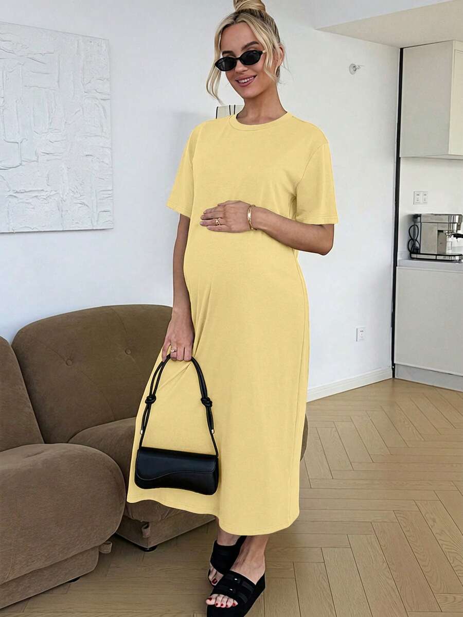 Maternity Casual Solid Color Short Sleeve Midi Dress Loose Fit Summer Tee Dress with Split Sleeves for Home and Daily Wear