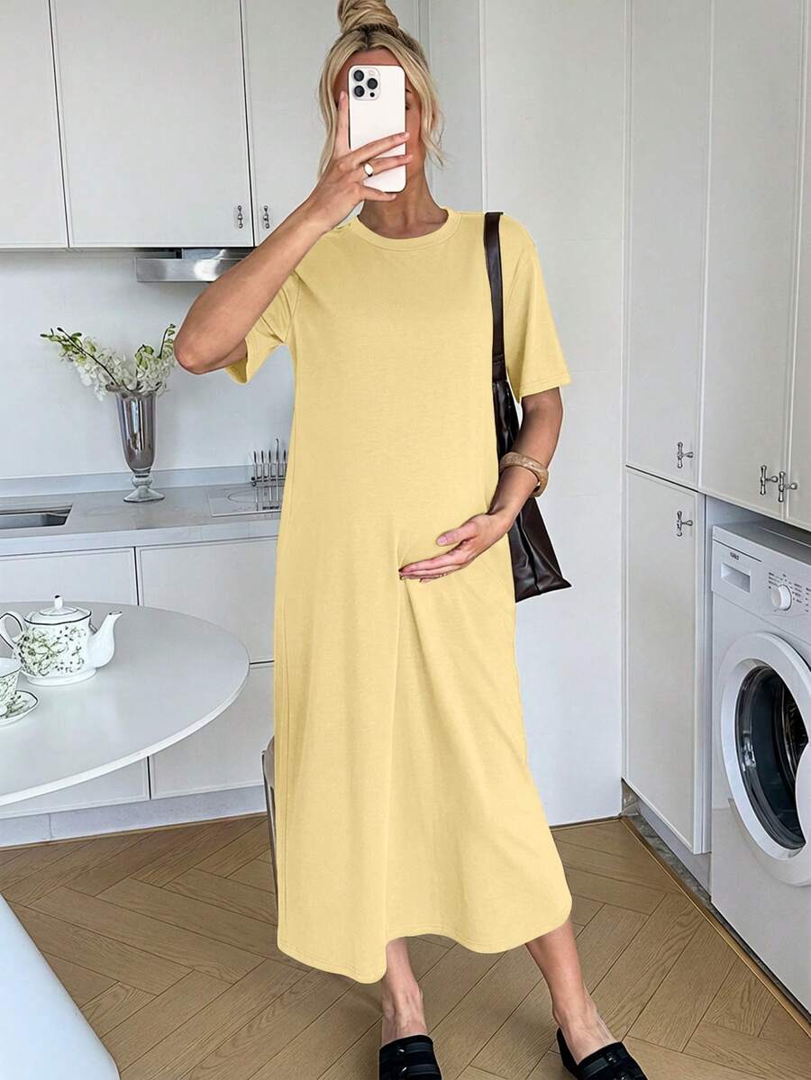 Maternity Casual Solid Color Short Sleeve Midi Dress Loose Fit Summer Tee Dress with Split Sleeves for Home and Daily Wear