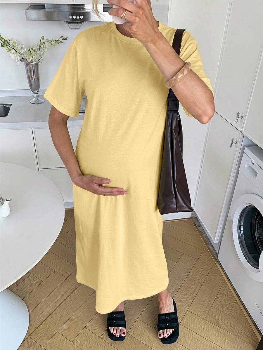 Maternity Casual Solid Color Short Sleeve Midi Dress Loose Fit Summer Tee Dress with Split Sleeves for Home and Daily Wear