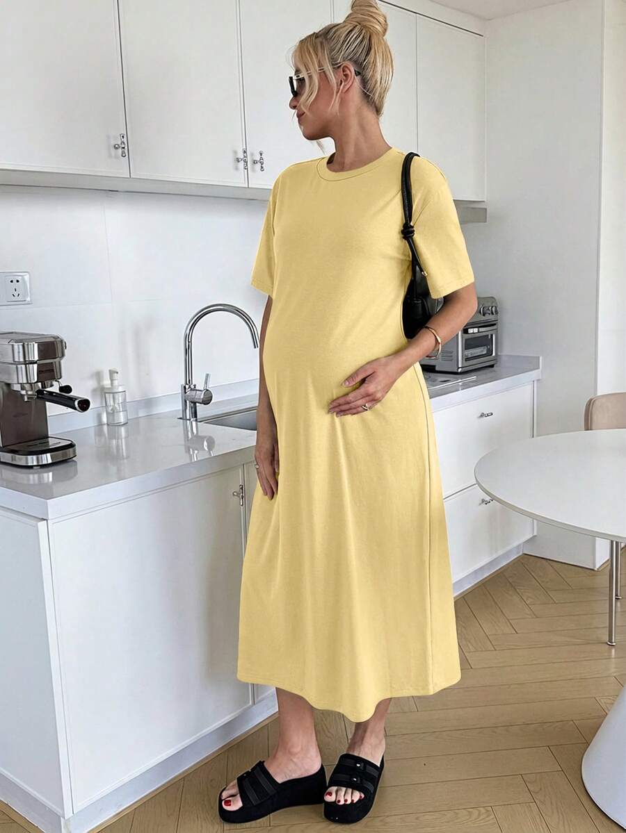Maternity Casual Solid Color Short Sleeve Midi Dress Loose Fit Summer Tee Dress with Split Sleeves for Home and Daily Wear