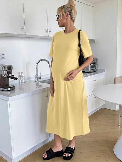 Maternity Casual Solid Color Short Sleeve Midi Dress Loose Fit Summer Tee Dress with Split Sleeves for Home and Daily Wear