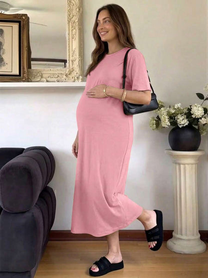 Maternity Casual Solid Color Short Sleeve Midi Dress Loose Fit Summer Tee Dress with Split Sleeves for Home and Daily Wear