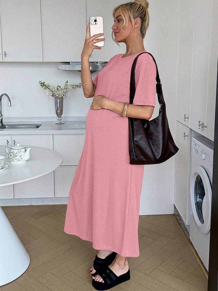 Maternity Casual Solid Color Short Sleeve Midi Dress Loose Fit Summer Tee Dress with Split Sleeves for Home and Daily Wear