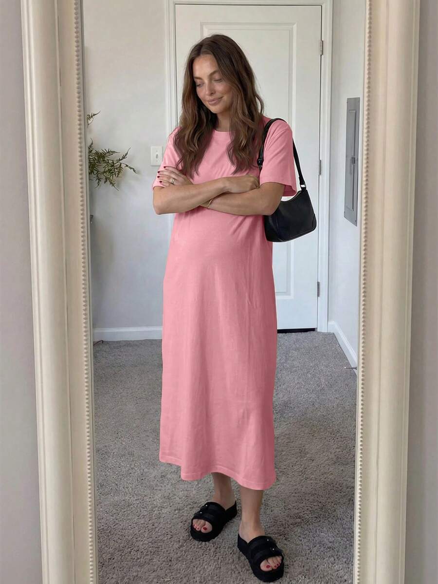 Maternity Casual Solid Color Short Sleeve Midi Dress Loose Fit Summer Tee Dress with Split Sleeves for Home and Daily Wear
