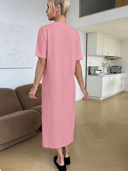 Maternity Casual Solid Color Short Sleeve Midi Dress Loose Fit Summer Tee Dress with Split Sleeves for Home and Daily Wear