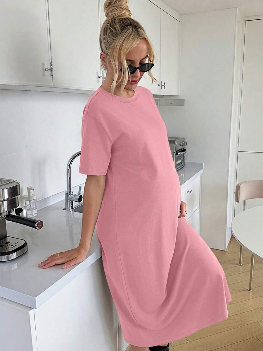 Maternity Casual Solid Color Short Sleeve Midi Dress Loose Fit Summer Tee Dress with Split Sleeves for Home and Daily Wear
