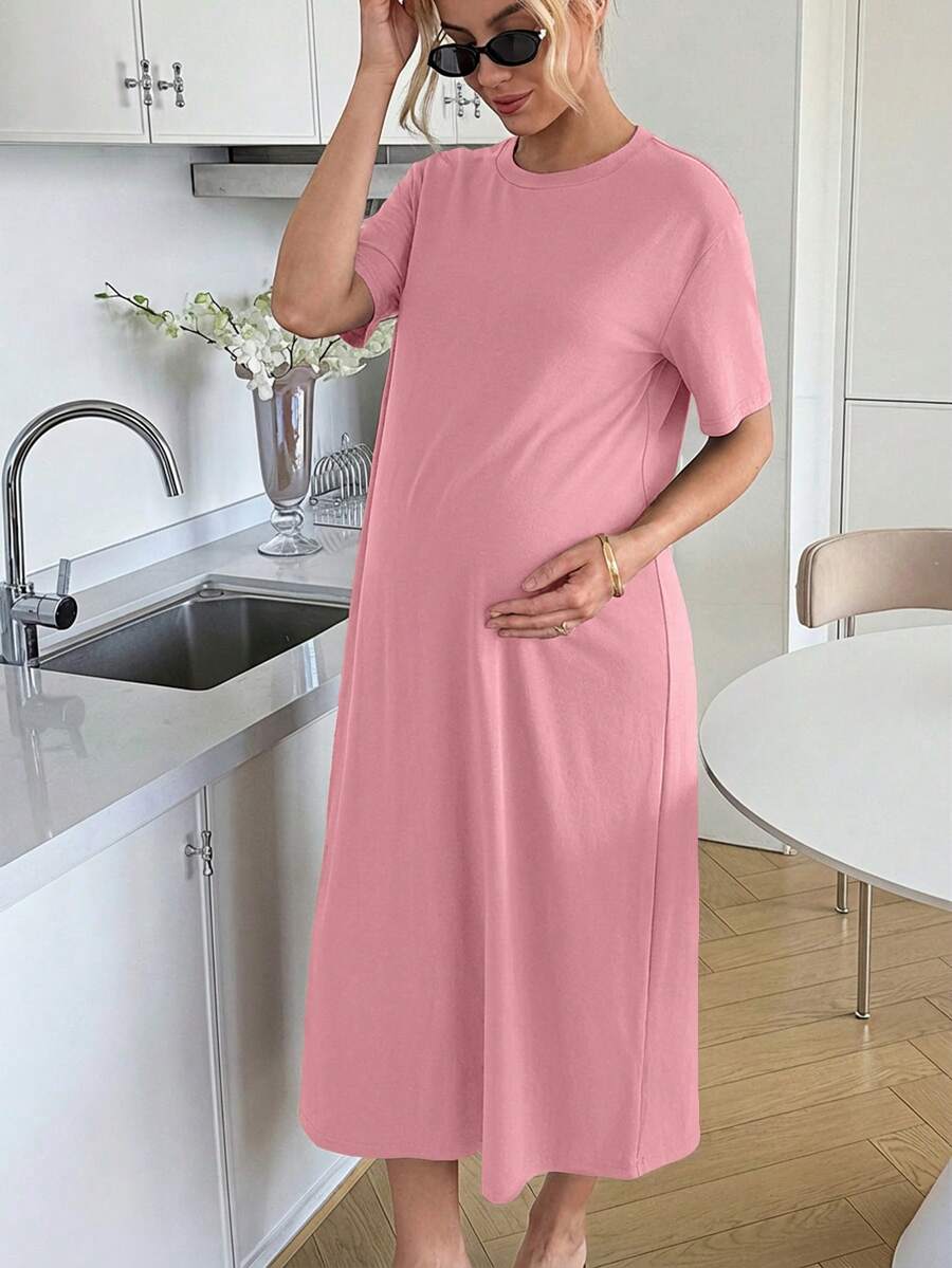 Maternity Casual Solid Color Short Sleeve Midi Dress Loose Fit Summer Tee Dress with Split Sleeves for Home and Daily Wear