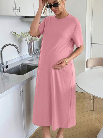 Maternity Casual Solid Color Short Sleeve Midi Dress Loose Fit Summer Tee Dress with Split Sleeves for Home and Daily Wear