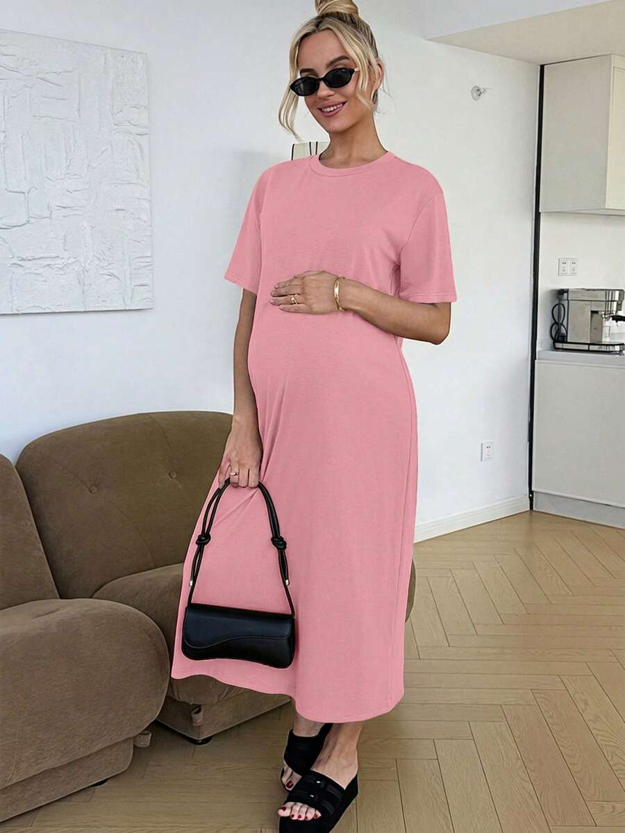Maternity Casual Solid Color Short Sleeve Midi Dress Loose Fit Summer Tee Dress with Split Sleeves for Home and Daily Wear
