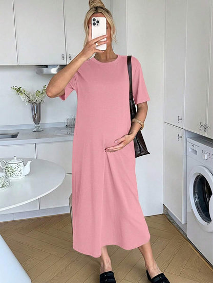 Maternity Casual Solid Color Short Sleeve Midi Dress Loose Fit Summer Tee Dress with Split Sleeves for Home and Daily Wear