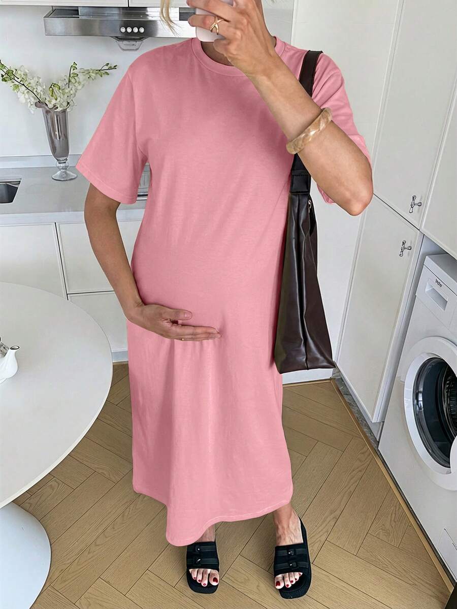 Maternity Casual Solid Color Short Sleeve Midi Dress Loose Fit Summer Tee Dress with Split Sleeves for Home and Daily Wear