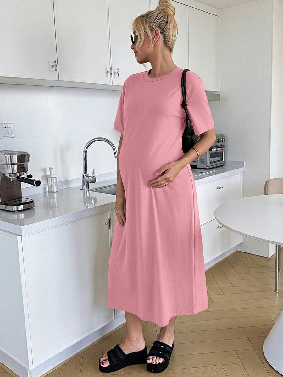 Maternity Casual Solid Color Short Sleeve Midi Dress Loose Fit Summer Tee Dress with Split Sleeves for Home and Daily Wear