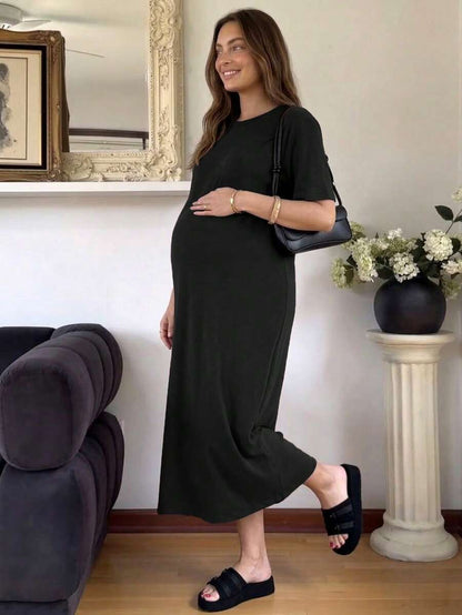 Maternity Casual Solid Color Short Sleeve Midi Dress Loose Fit Summer Tee Dress with Split Sleeves for Home and Daily Wear