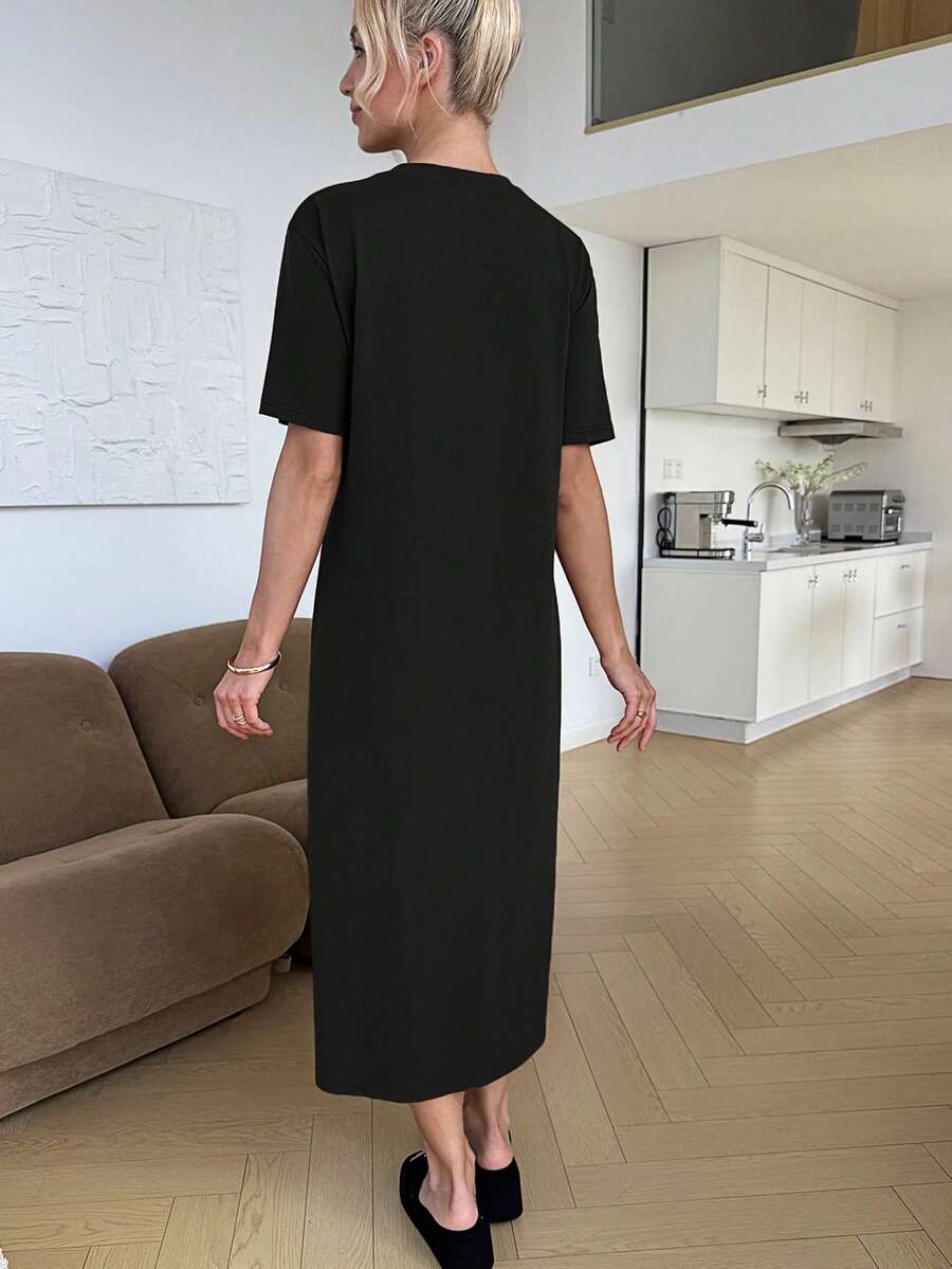 Maternity Casual Solid Color Short Sleeve Midi Dress Loose Fit Summer Tee Dress with Split Sleeves for Home and Daily Wear