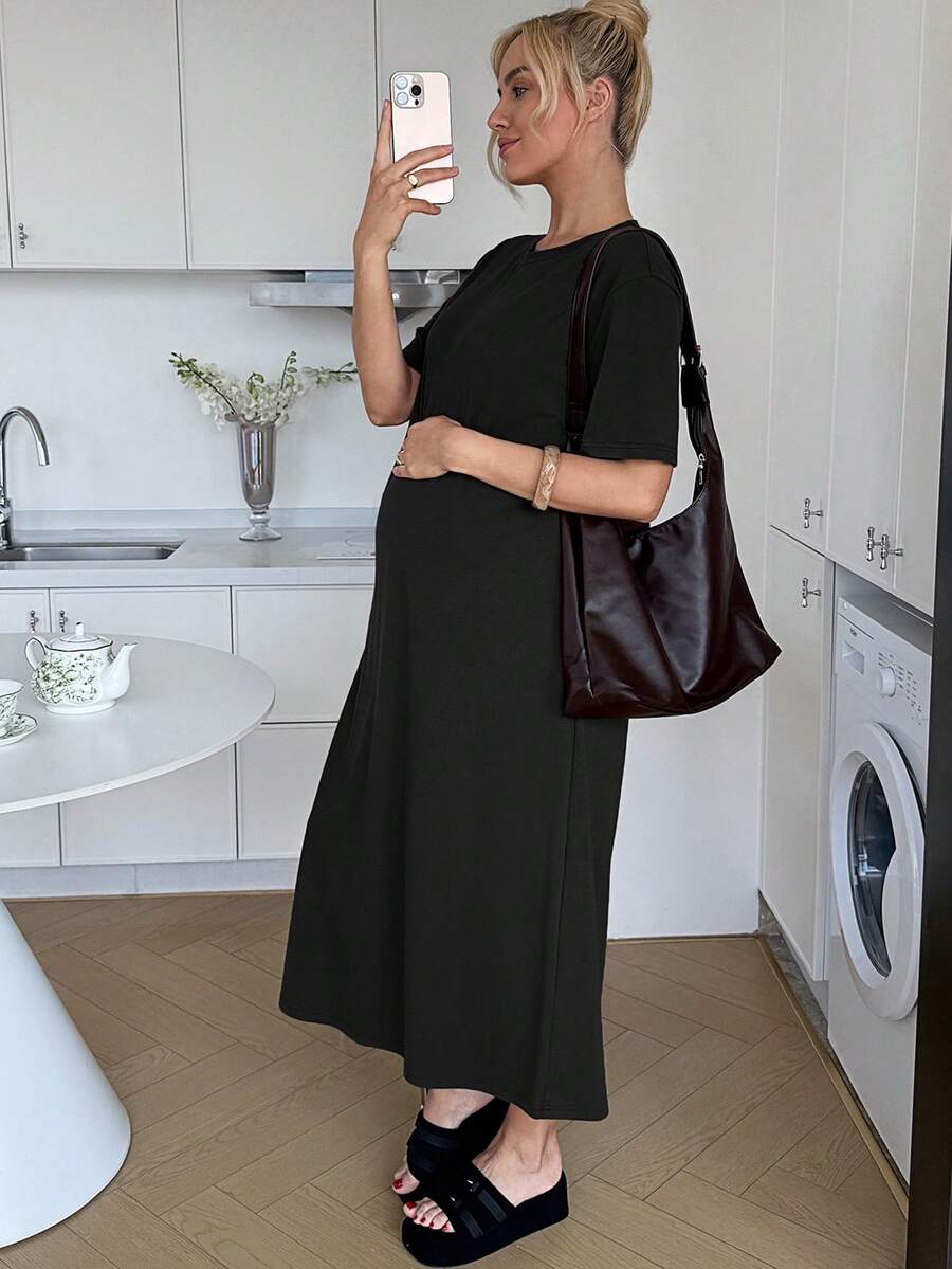 Maternity Casual Solid Color Short Sleeve Midi Dress Loose Fit Summer Tee Dress with Split Sleeves for Home and Daily Wear