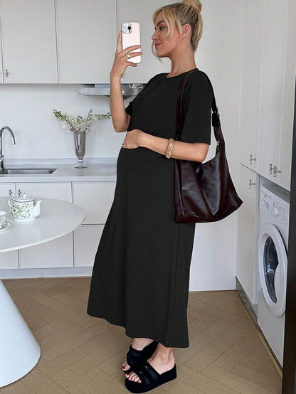 Maternity Casual Solid Color Short Sleeve Midi Dress Loose Fit Summer Tee Dress with Split Sleeves for Home and Daily Wear