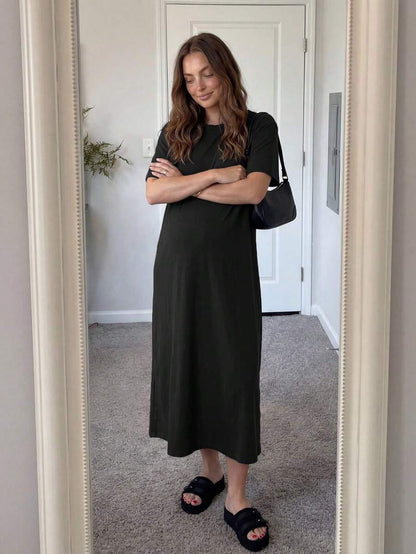 Maternity Casual Solid Color Short Sleeve Midi Dress Loose Fit Summer Tee Dress with Split Sleeves for Home and Daily Wear
