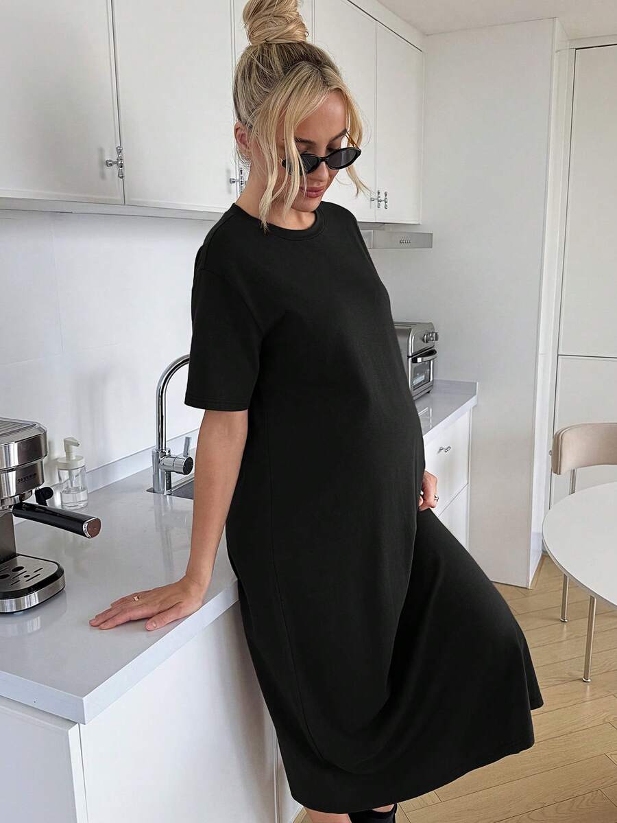 Maternity Casual Solid Color Short Sleeve Midi Dress Loose Fit Summer Tee Dress with Split Sleeves for Home and Daily Wear