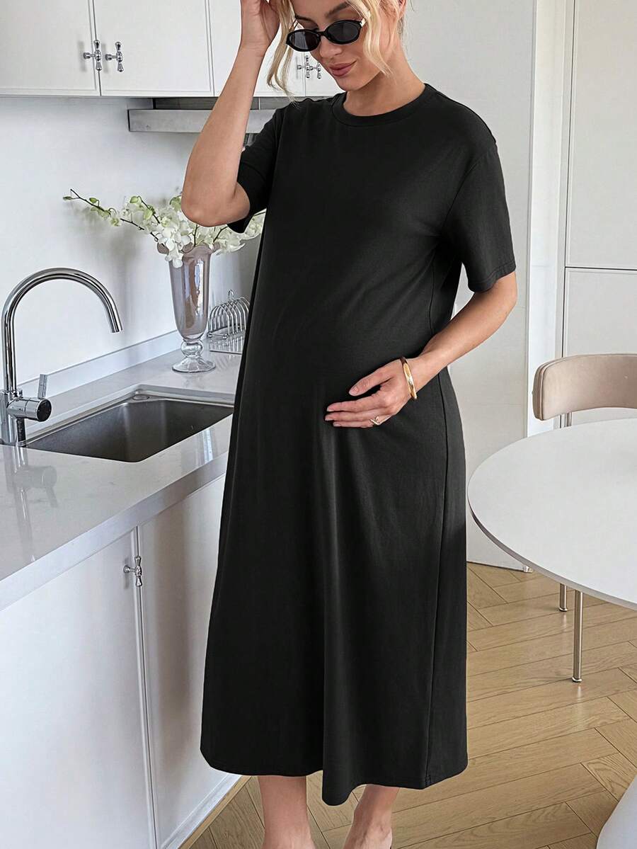 Maternity Casual Solid Color Short Sleeve Midi Dress Loose Fit Summer Tee Dress with Split Sleeves for Home and Daily Wear