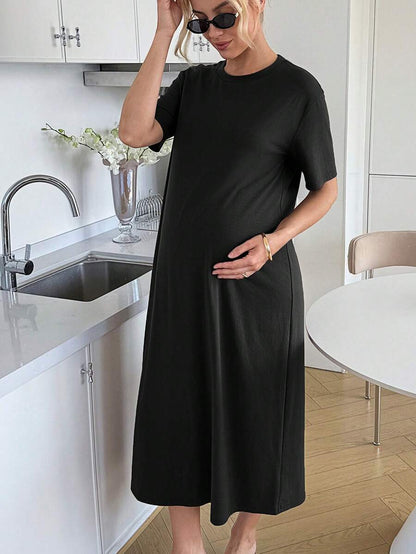 Maternity Casual Solid Color Short Sleeve Midi Dress Loose Fit Summer Tee Dress with Split Sleeves for Home and Daily Wear
