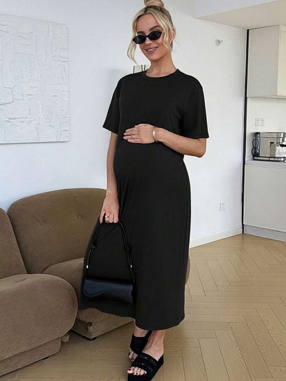 Maternity Casual Solid Color Short Sleeve Midi Dress Loose Fit Summer Tee Dress with Split Sleeves for Home and Daily Wear