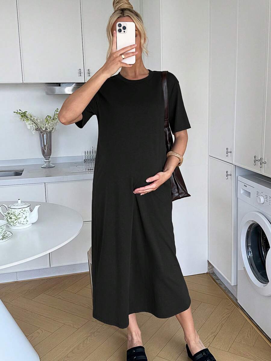 Maternity Casual Solid Color Short Sleeve Midi Dress Loose Fit Summer Tee Dress with Split Sleeves for Home and Daily Wear