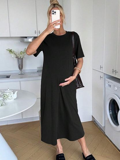 Maternity Casual Solid Color Short Sleeve Midi Dress Loose Fit Summer Tee Dress with Split Sleeves for Home and Daily Wear