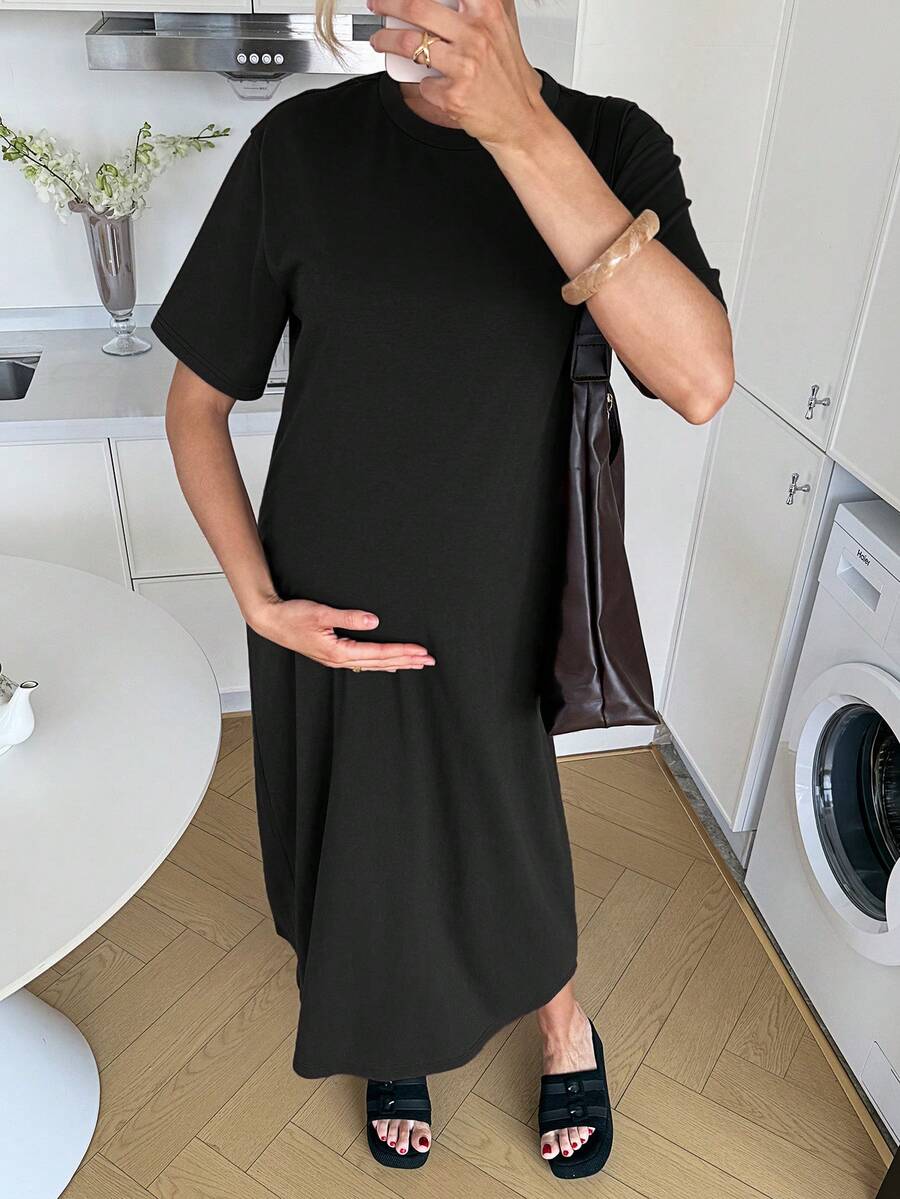 Maternity Casual Solid Color Short Sleeve Midi Dress Loose Fit Summer Tee Dress with Split Sleeves for Home and Daily Wear