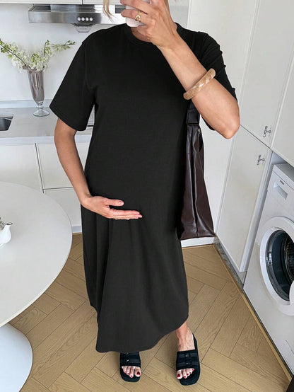Maternity Casual Solid Color Short Sleeve Midi Dress Loose Fit Summer Tee Dress with Split Sleeves for Home and Daily Wear