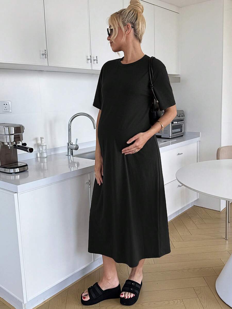 Maternity Casual Solid Color Short Sleeve Midi Dress Loose Fit Summer Tee Dress with Split Sleeves for Home and Daily Wear