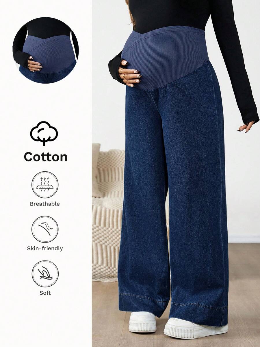 Maternity Color Block Patchwork Jeans – High Waist Elastic Band Straight Leg Denim Trousers for Pregnant Women – Y2K Dark Wash Streetwear