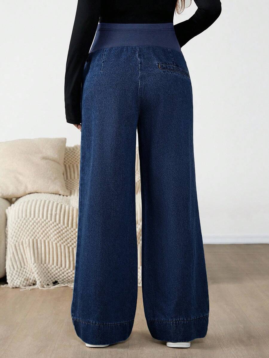 Maternity Color Block Patchwork Jeans – High Waist Elastic Band Straight Leg Denim Trousers for Pregnant Women – Y2K Dark Wash Streetwear