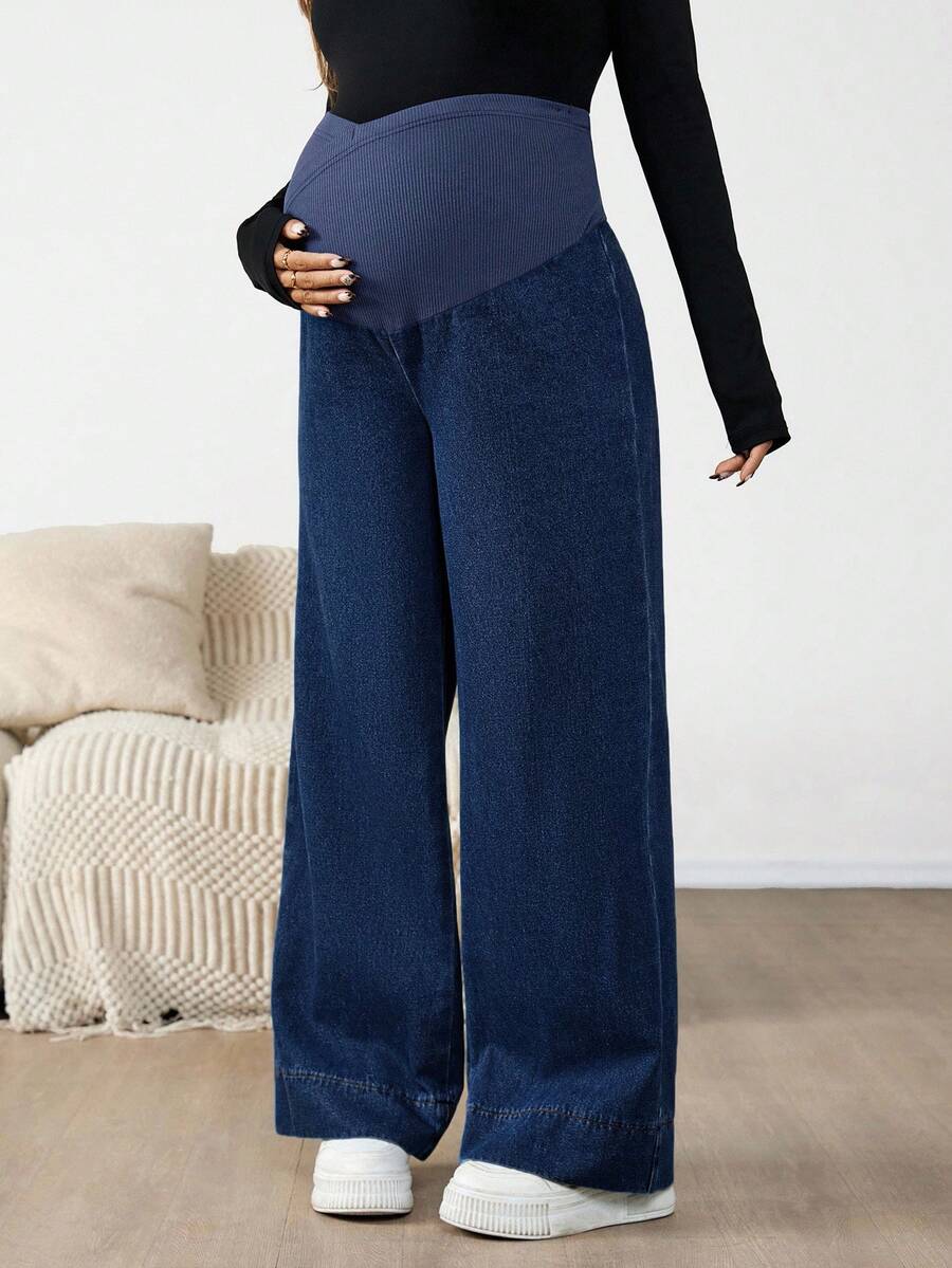Maternity Color Block Patchwork Jeans – High Waist Elastic Band Straight Leg Denim Trousers for Pregnant Women – Y2K Dark Wash Streetwear