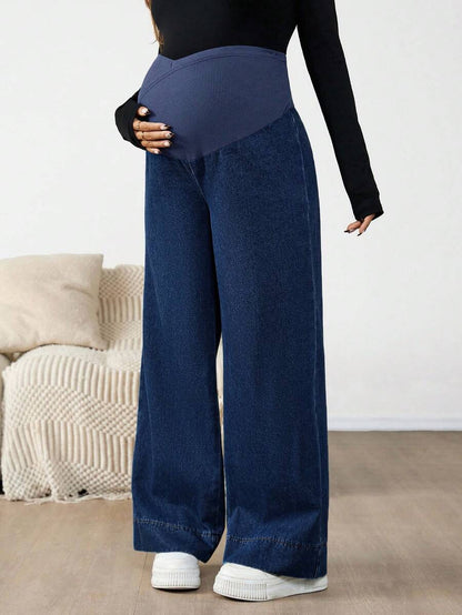 Maternity Color Block Patchwork Jeans – High Waist Elastic Band Straight Leg Denim Trousers for Pregnant Women – Y2K Dark Wash Streetwear