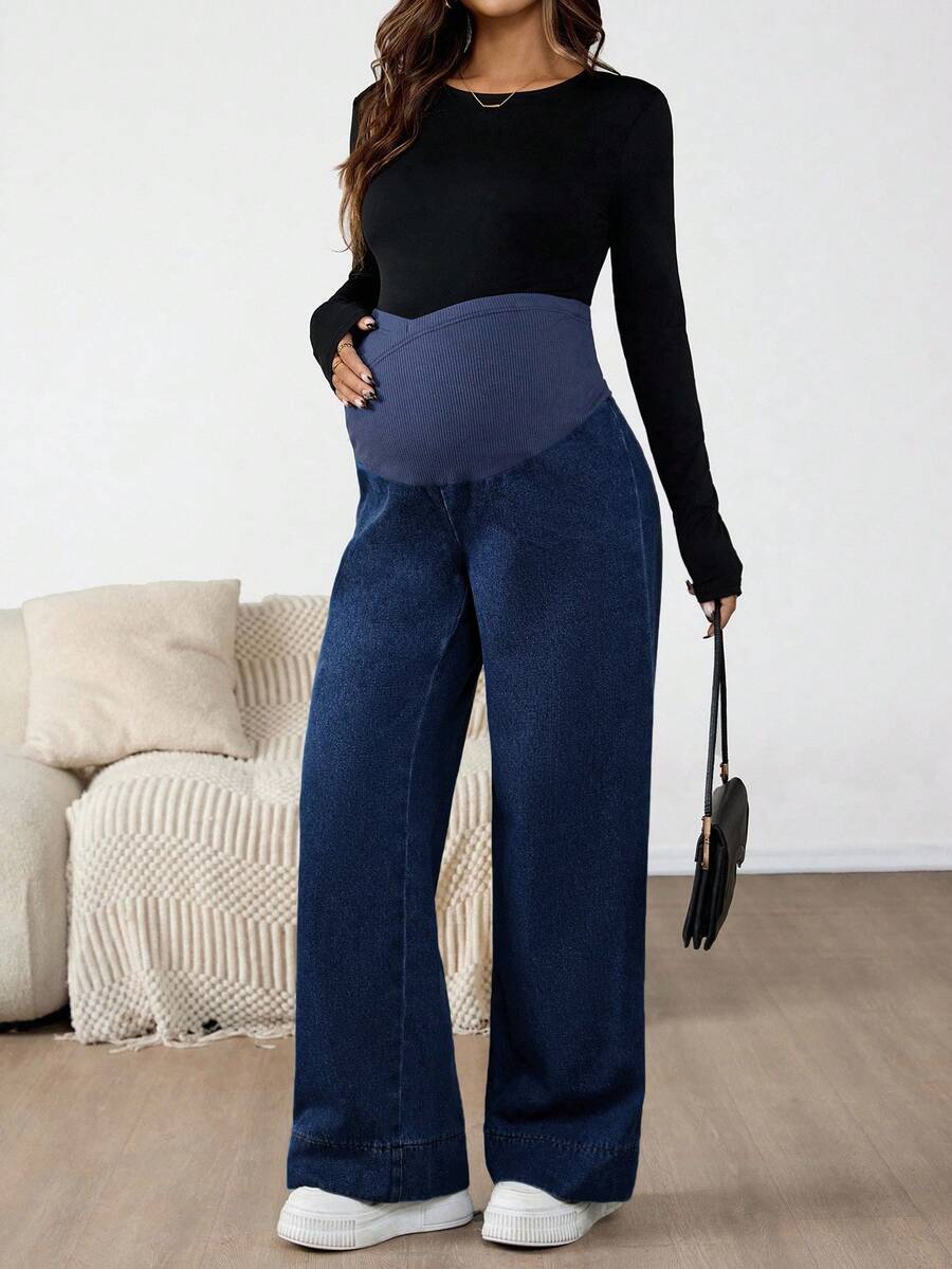 Maternity Color Block Patchwork Jeans – High Waist Elastic Band Straight Leg Denim Trousers for Pregnant Women – Y2K Dark Wash Streetwear