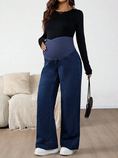 Maternity Color Block Patchwork Jeans – High Waist Elastic Band Straight Leg Denim Trousers for Pregnant Women – Y2K Dark Wash Streetwear