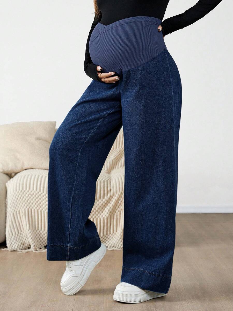 Maternity Color Block Patchwork Jeans – High Waist Elastic Band Straight Leg Denim Trousers for Pregnant Women – Y2K Dark Wash Streetwear