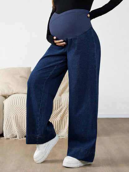 Maternity Color Block Patchwork Jeans – High Waist Elastic Band Straight Leg Denim Trousers for Pregnant Women – Y2K Dark Wash Streetwear