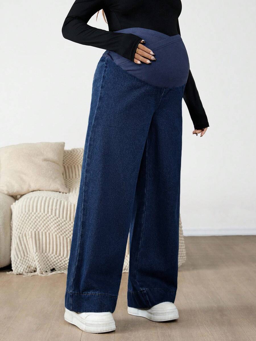 Maternity Color Block Patchwork Jeans – High Waist Elastic Band Straight Leg Denim Trousers for Pregnant Women – Y2K Dark Wash Streetwear
