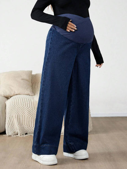Maternity Color Block Patchwork Jeans – High Waist Elastic Band Straight Leg Denim Trousers for Pregnant Women – Y2K Dark Wash Streetwear