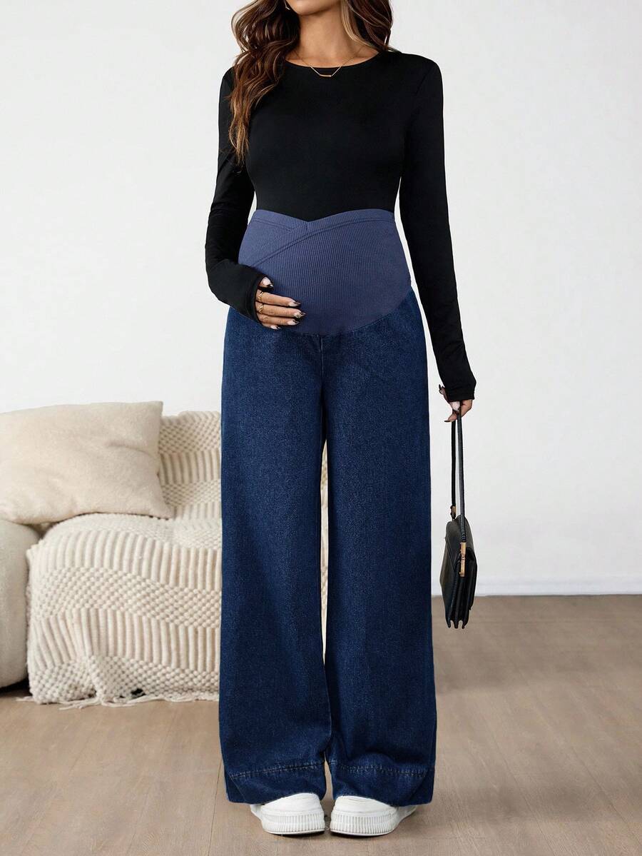 Maternity Color Block Patchwork Jeans – High Waist Elastic Band Straight Leg Denim Trousers for Pregnant Women – Y2K Dark Wash Streetwear