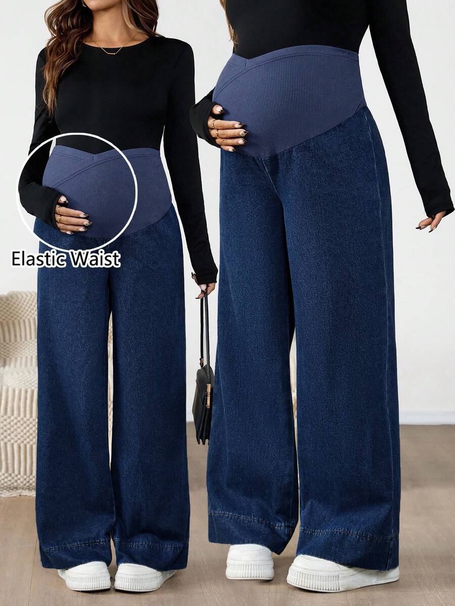 Maternity Color Block Patchwork Jeans – High Waist Elastic Band Straight Leg Denim Trousers for Pregnant Women – Y2K Dark Wash Streetwear