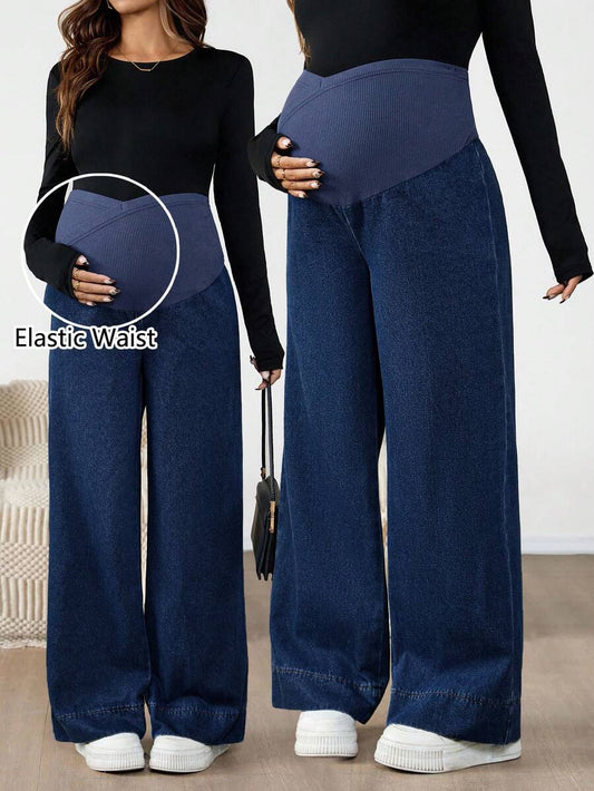 Maternity Color Block Patchwork Jeans – High Waist Elastic Band Straight Leg Denim Trousers for Pregnant Women – Y2K Dark Wash Streetwear