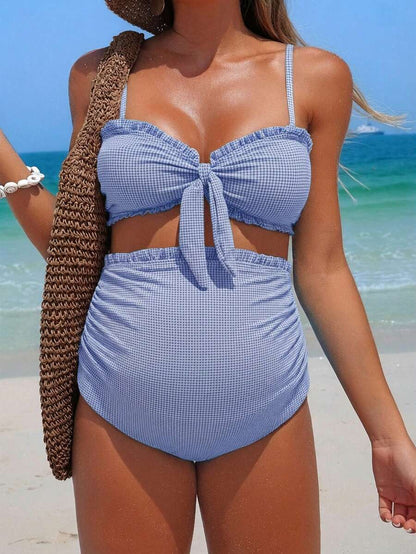 Maternity Bikini 2 Piece Set - Plaid Bandeau Stretchy Summer Beach Pool, Mom To Be