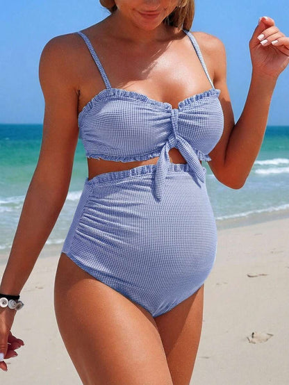 Maternity Bikini 2 Piece Set - Plaid Bandeau Stretchy Summer Beach Pool, Mom To Be